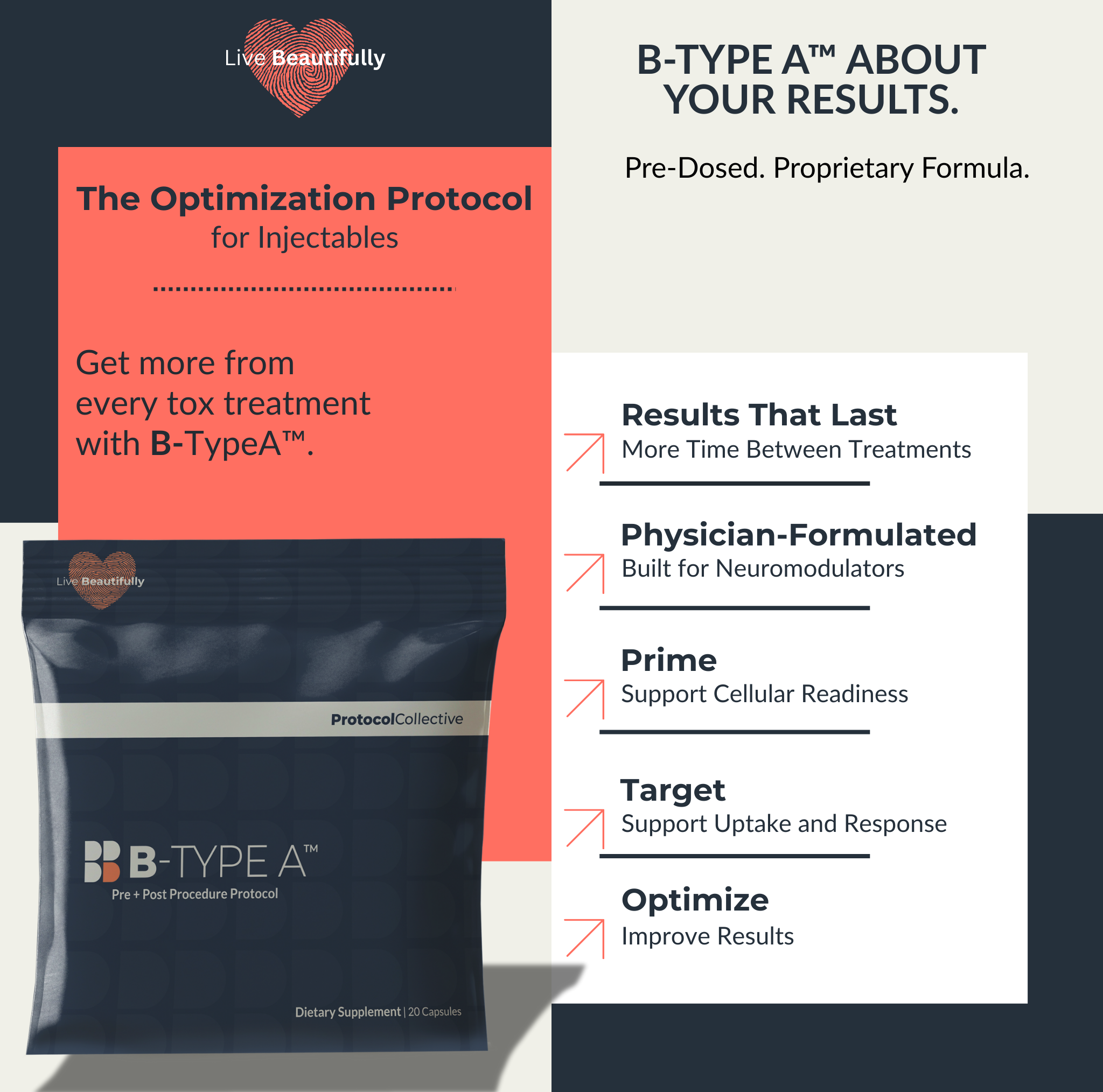 Product image of B-Type A, a supplement protocol designed to support injectable treatment results.
Product image of B-Type A packaging, part of a protocol for optimizing neuromodulator response.