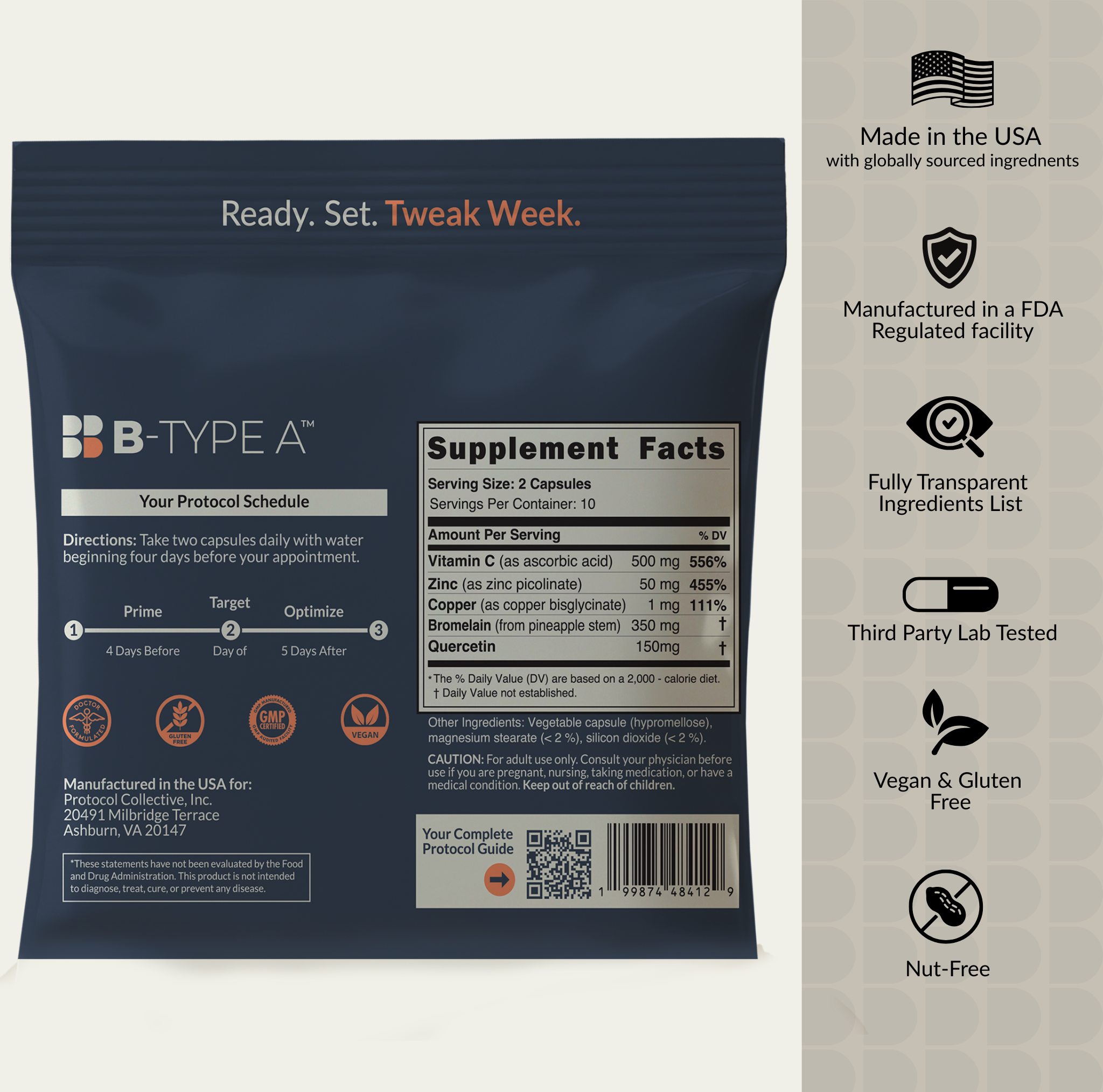 Back of B-Type A packaging showing supplement facts and key ingredients. Icons indicating manufacturing and quality standards, including made in the USA, gluten free, produced in an FDA-registered facility, third-party lab tested, and nut free.